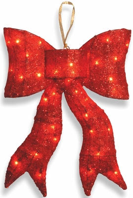 24" Red Wavy Sisal Bow with 35 Clear Indoor / Outdoor Lights - click to enlarge