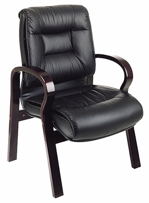 Black Visitor Chair Top Grain Leather with Mahogany Finish - Office Star - 8505 - click to enlarge