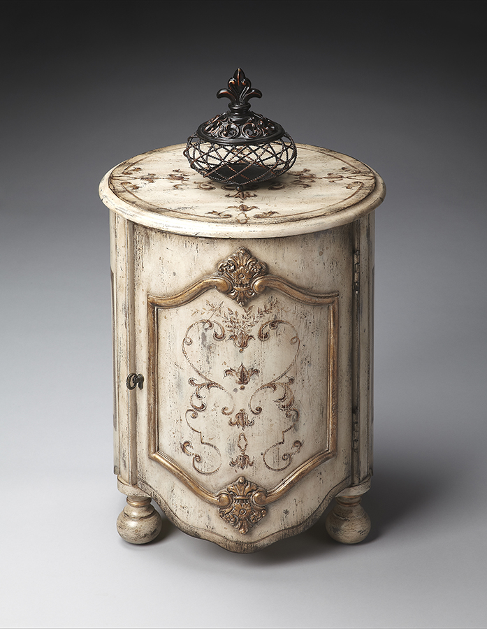 Guilded Cream Drum Table with Floral Abstracts and Classical Motifs