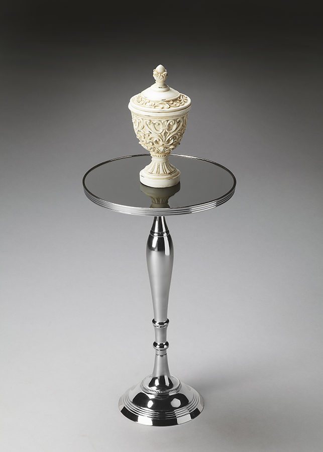 Butler Nickel Polished Black Mirror glass Top Pedestal Table - 2878220