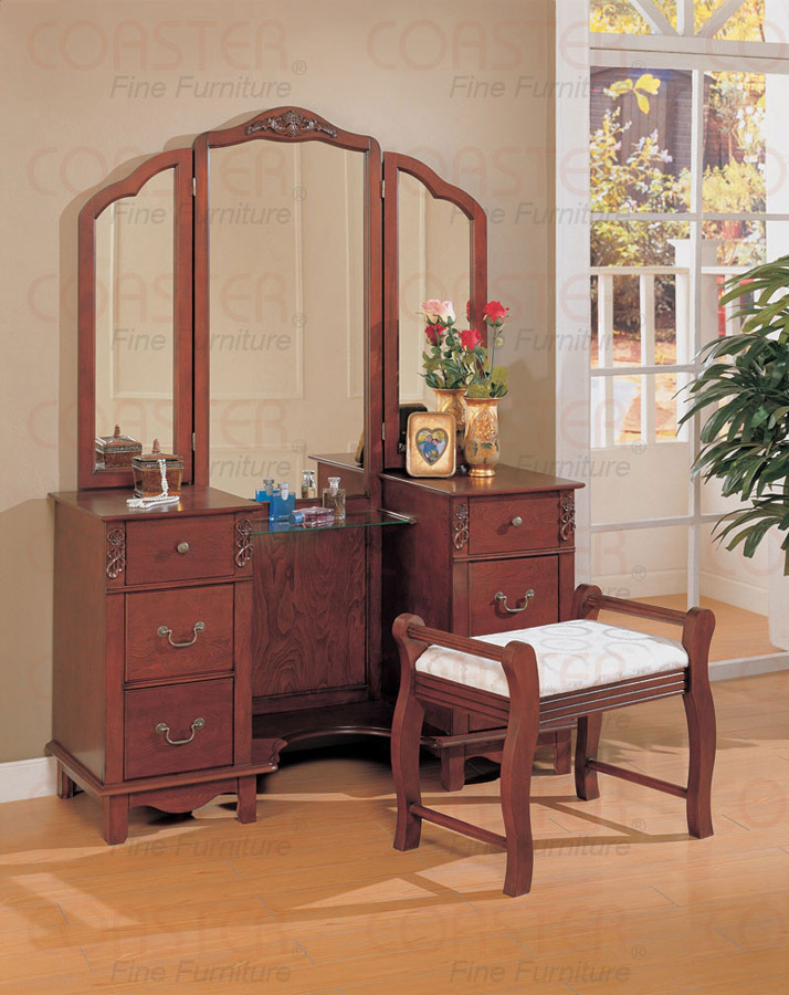 Coaster Vanity Set in Dark Brown with Tri Fold Mirror - 300074 - 300074 -  Coaster Furniture