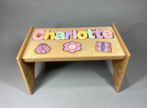 Natural Personalized Name & Symbol Puzzle Stool - Pastel Garden Shapes