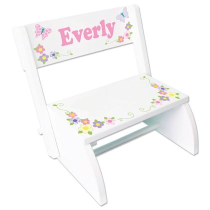Personalized Childs Wood Flip Stool - Buterfly Garland Pastel
