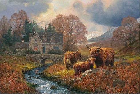 Abraham Hunter Artist Hand Signed Limited Edition Embellished Canvas Giclee:"Highland Home"