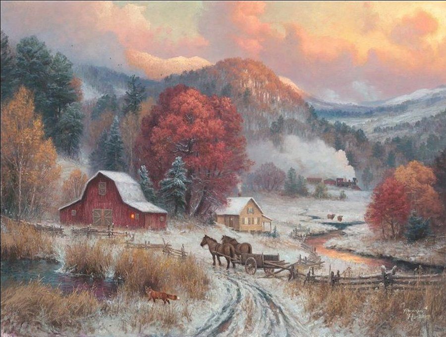 Abraham Hunter Artist Hand Signed Limited Edition Embellished Canvas Giclee:"Fence Mending"