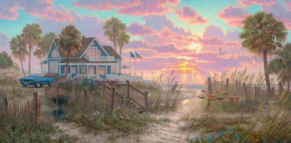 Abraham Hunter Artist Signed Embellished Limited Edition Canvas Giclee:"Beach Life, Beach House II"