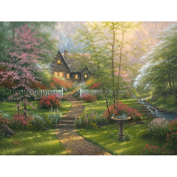 Abraham Hunter Hand Signed and Numbered Limited Edition Embellished Canvas Giclee:"Dogwood Cottage"