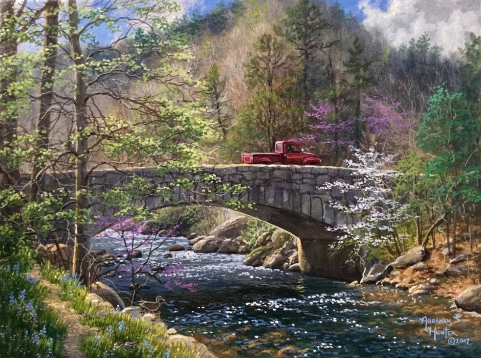 Abraham Hunter Hand Signed and Numbered Limited Edition Embellished Canvas Giclee:"Fishing Trip"