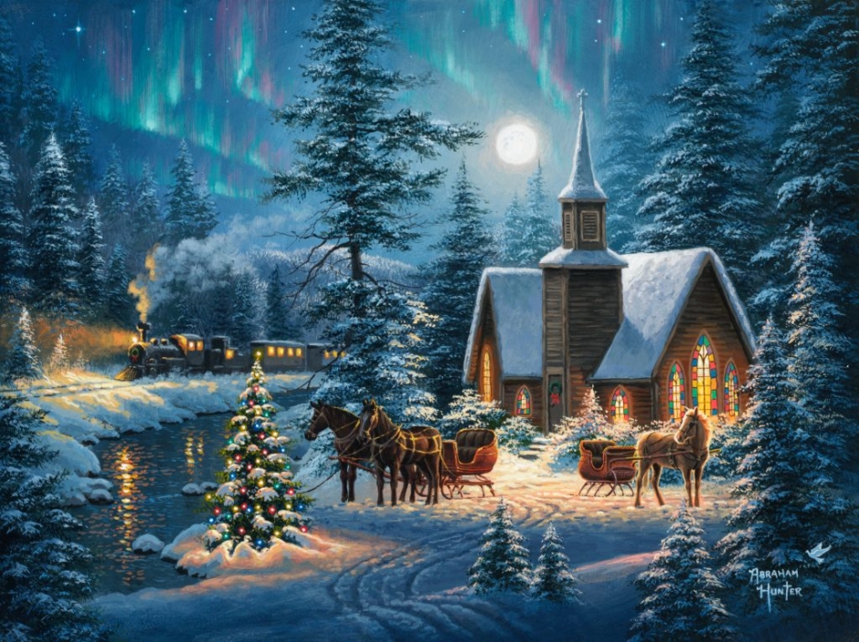 Abraham Hunter Hand Signed and Numbered Limited Edition Embellished Canvas Giclee:"Silent Night"