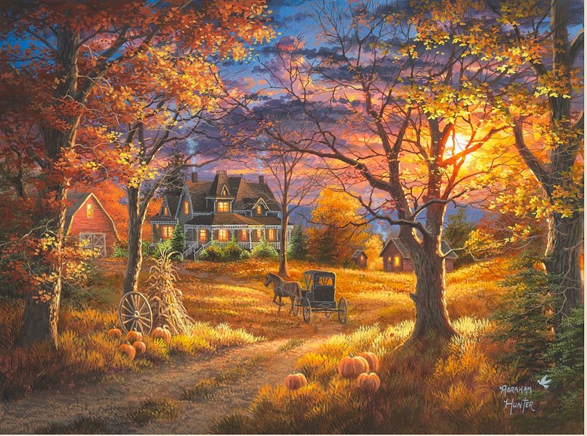 Abraham Hunter Hand Signed and Numbered Limited Edition Embellished Canvas Giclee:"Thanksgiving Day"