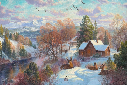 Abraham Hunter Limited Edition Embellished Canvas Giclee:"Mission Mountain Home"