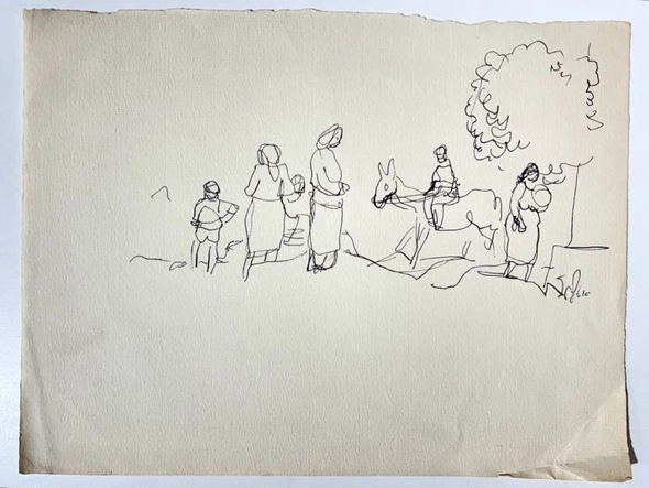 Aharon Giladi Papel: "Aharon Giladi (1907 - 1993) - Figures and a Donkey - Ink on Paper - Original"