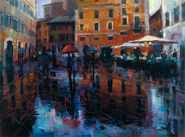 Michael Flohr Signed Limited Edition Canvas Giclee:"Romance in the Rain"