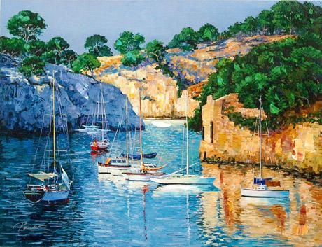 Alex Pauker Handsigned and Numbered Limited Edition Canvas Serigraph:"Boats of Tirreno"