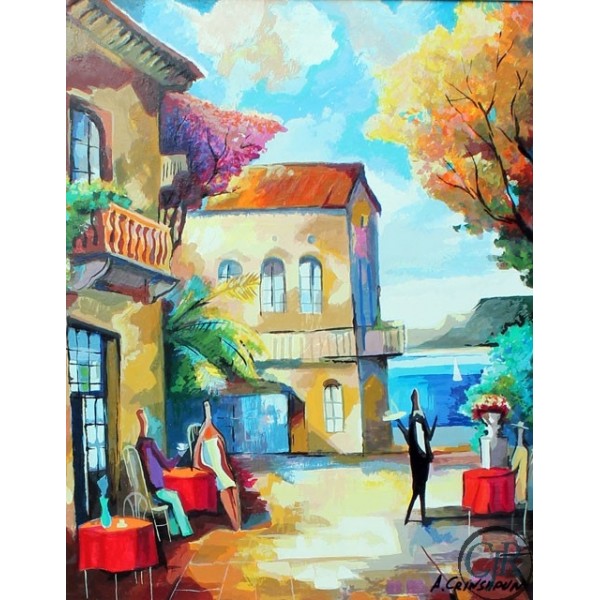 Alexander Grinshpun HE Serigraph on Wood:"Happy Hour by the Bay"