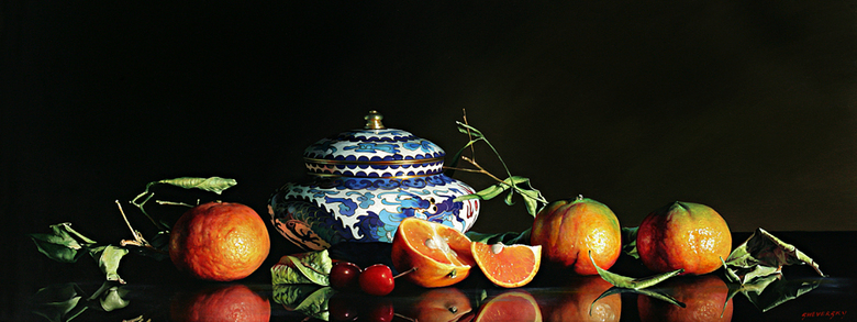 Alexander Sheversky Hand Signed and Numbered Limited Edition Canvas Giclee:"Mandarins And Chinese Box"