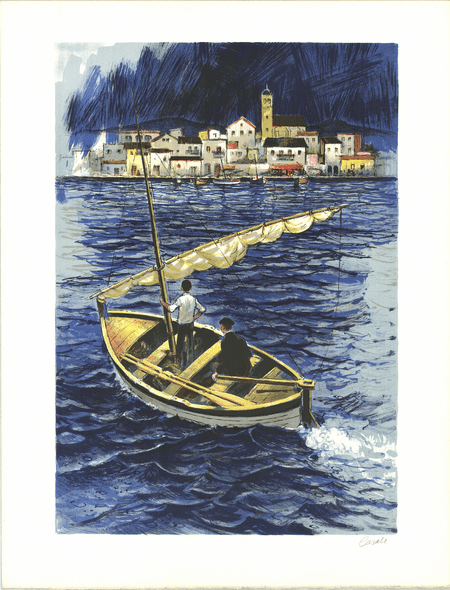 Amadeu Casals Rare Vintage Artist Signed Lithograph: "Sailboat in the Port of Cadaques"