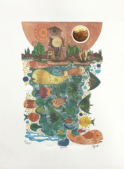 Amram Ebgi Artist Signed Limited Edition Embossed Lithograph w/Foil Stamping: "AQUARIUM"