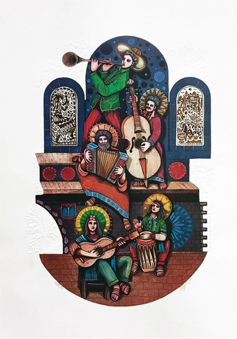 Amram Ebgi LIMITED Edition Embossed Lithograph w/Foil Stamping: "FIVE MUSICIANS" Amram Ebgi LIMITED Edition Embossed Lithograph w/Foil Stamping: "FIVE MUSICIANS"