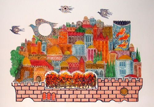 Amram Ebgi Limited Edition Hand Colored Etching: "Jerusalem Joy to the World"