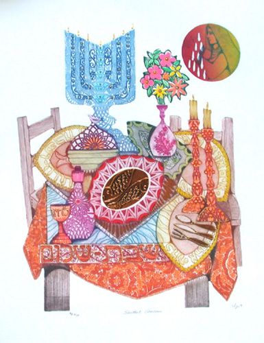 Amram Ebgi Limited Edition Hand Colored Etching: "Shabbat Shalom"