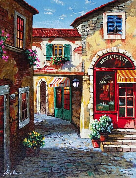 Anatoly Metlan Hand Signed and Numbered Limited Edition Embellished Serigraph on Canvas: " At the alley "