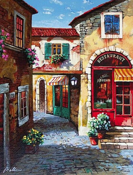 Anatoly Metlan Hand Signed and Numbered Limited Edition Embellished Serigraph on Canvas: " At the alley "