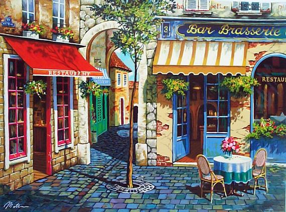Anatoly Metlan Hand Signed and Numbered Limited Edition Embellished Serigraph on Canvas: " Cafe in Provence "