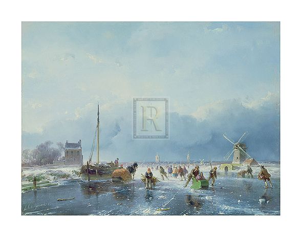 Andreas Schelfhout Hand Numbered Limited Edition Print on Paper :"Frozen Winter Scene"