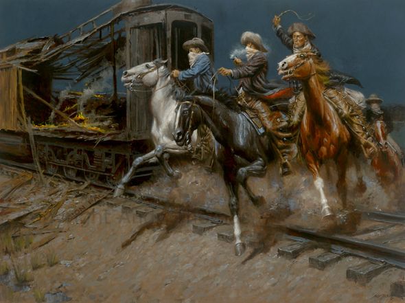 Andy Thomas Artist Hand Signed Limited Edition Giclee:"Sundance and the Wild Bunch Hit the Union Pacific"