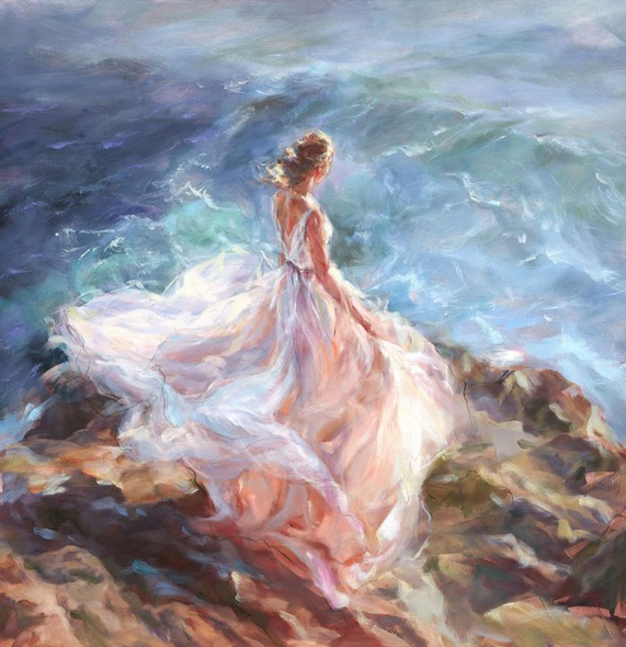 Anna Razumovskaya Hand Signed and Numbered Liean mited Edition Artist Embellished Canvas Giclee: "Where the Ocean Dreams"