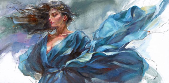 Anna Razumovskaya Hand Signed and Numbered Limited Edition Artist Embellished Canvas Giclee:"Carried By The Wind 1"