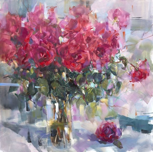 Anna Razumovskaya Hand Signed and Numbered Limited Edition Artist Embellished Canvas Giclee:"Bouquet Of Roses"