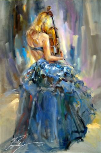 Anna Razumovskaya Hand Signed and Numbered Limited Edition Artist Embellished Canvas Giclee: "Dancing With A Violin 1"