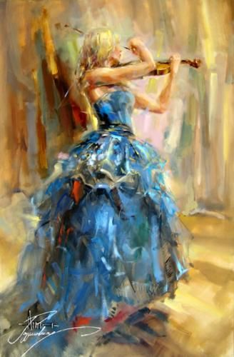 Anna Razumovskaya Hand Signed and Numbered Limited Edition Artist Embellished Canvas Giclee: "Dancing With A Violin 2"