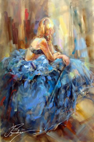 Anna Razumovskaya Hand Signed and Numbered Limited Edition Artist Embellished Canvas Giclee: "Dancing With A Violin 3"
