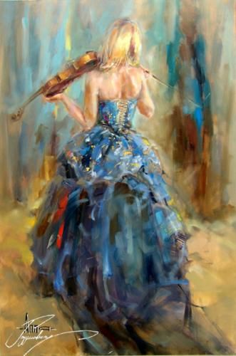 Anna Razumovskaya Hand Signed and Numbered Limited Edition Artist Embellished Canvas Giclee: "Dancing With A Violin 4"