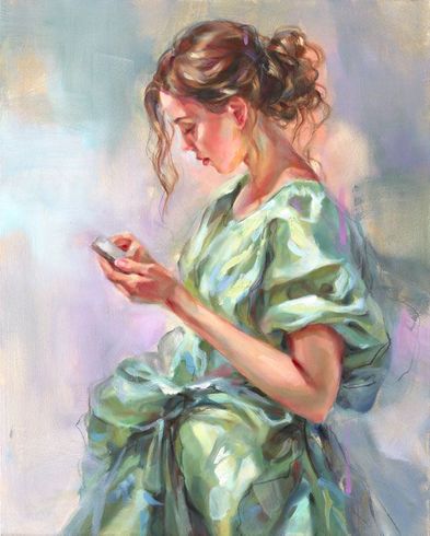Anna Razumovskaya Hand Signed and Numbered Limited Edition Artist Embellished Canvas Giclee:"Still Waiting"