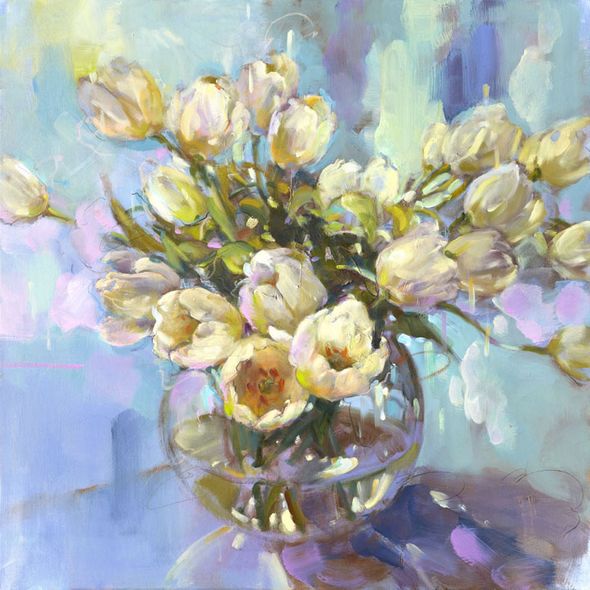 Anna Razumovskaya Hand Signed Limited Edition Artist Embellished Canvas Giclee: "White Tulips"