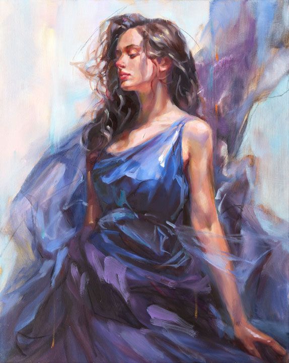 Anna Razumovskaya Hand Signed and Numbered Limited Edition Artist Embellished Canvas Giclee:"Dreams Draped In Blue"