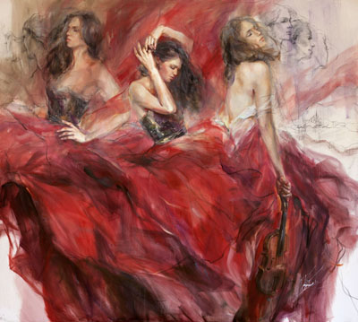 Anna Razumovskaya Hand Signed and Numbered Limited Edition Artist Embellished Canvas Giclee: "Garnet Melody"
