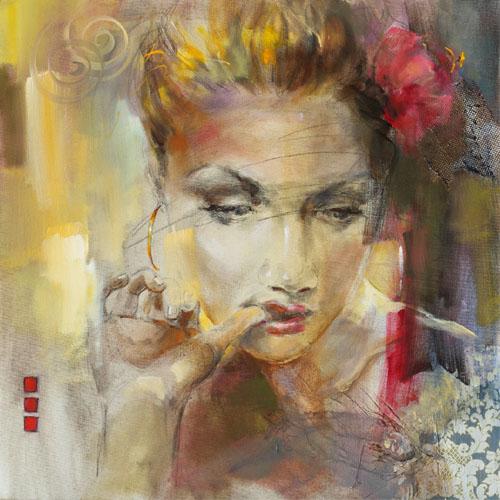 Anna Razumovskaya Hand Signed and Numbered Limited Edition Artist Embellished Canvas Giclee: "Gold Earring"