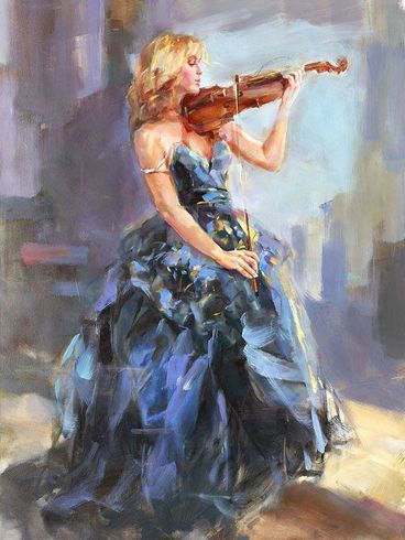 Anna Razumovskaya Hand Signed and Numbered Limited Edition Artist Embellished Canvas Giclee:"Serenade In Blue 1"
