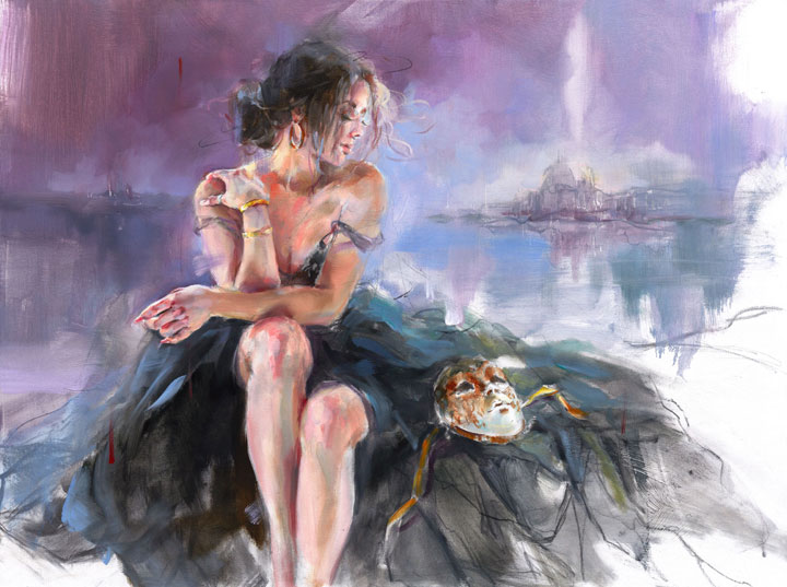 Anna Razumovskaya Hand Signed Limited Edition Artist Embellished Canvas Giclee: "End Of Evening 1"