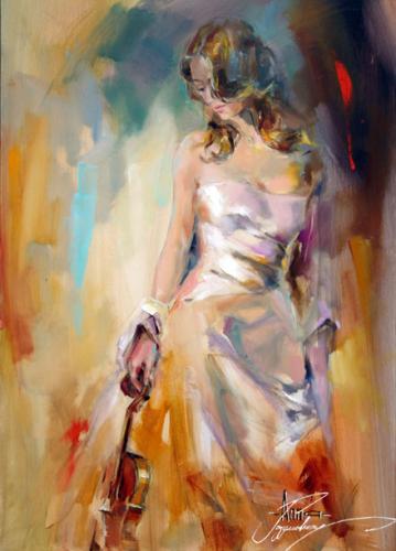 Anna Razumovskaya Hand Signed and Numbered Limited Edition Artist Embellished Canvas Giclee: "Holding The Violin"