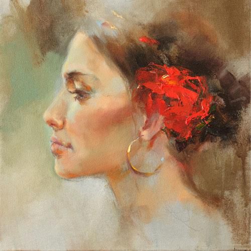 Anna Razumovskaya Hand Signed and Numbered Limited Edition Artist Embellished Canvas Giclee: "Red Flower"