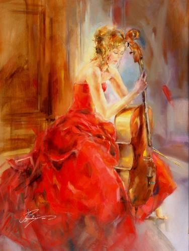Anna Razumovskaya Hand Signed and Numbered Limited Edition Artist Embellished Canvas Giclee: "RED NOTE II"
