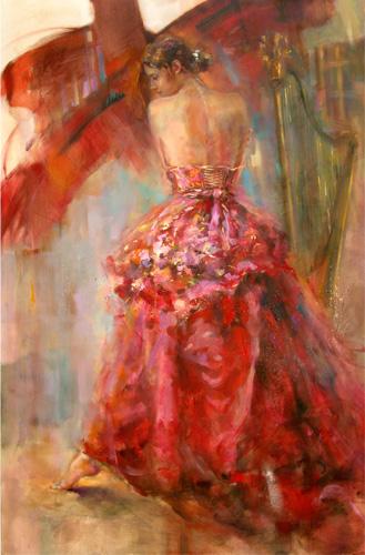 Anna Razumovskaya Hand Signed and Numbered Limited Edition Artist Embellished Canvas Giclee: "Red Sonata"