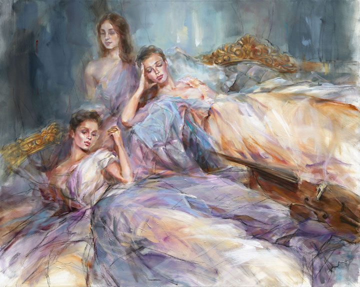 Anna Razumovskaya Hand Signed and Numbered Limited Edition Artist Embellished Canvas Giclee:"Retrospection"
