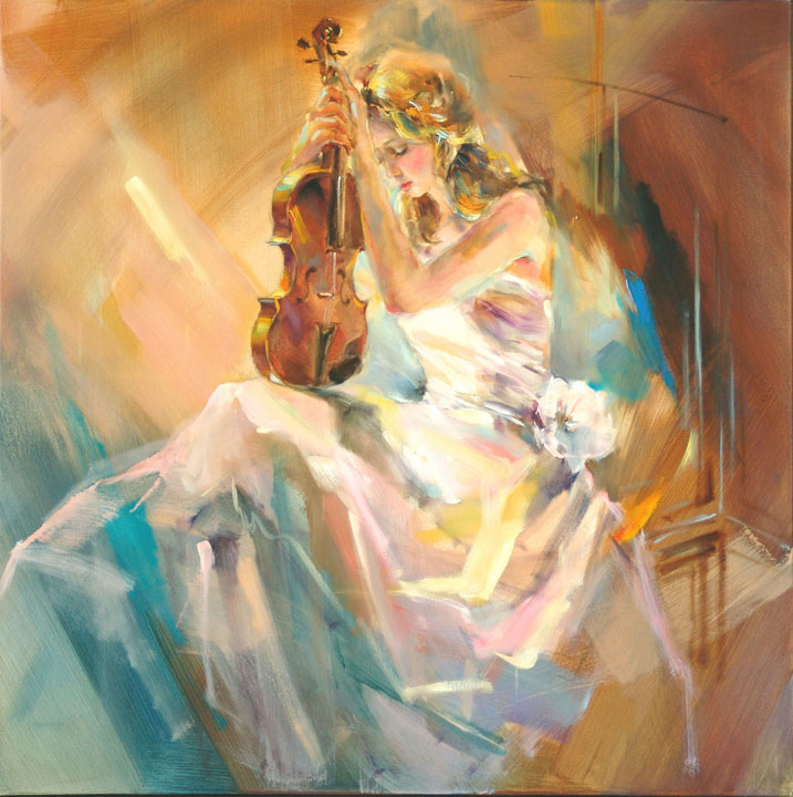 Anna Razumovskaya Hand Signed and Numbered Limited Edition Artist Embellished Canvas Giclee: "Romance With A Violin"